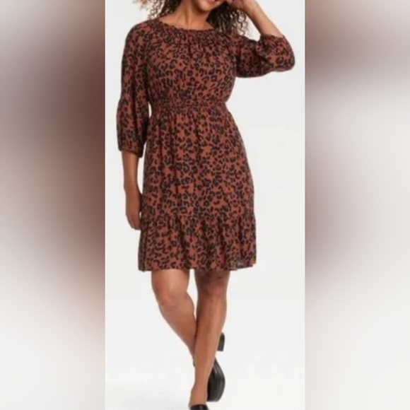 Knox Rose 3/4 Sleeve Mini Dress | Brown Leopard Print | MEDIUM - Picture 1 of 7